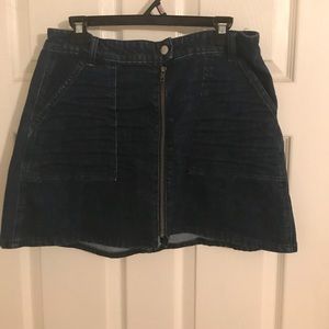 Denim zip down mini skirt.